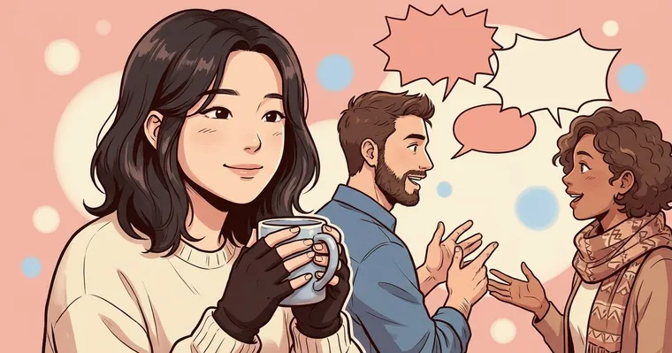 머그잔을 쥔 채 옆 사람들의 대화를 듣고만 있는 사람