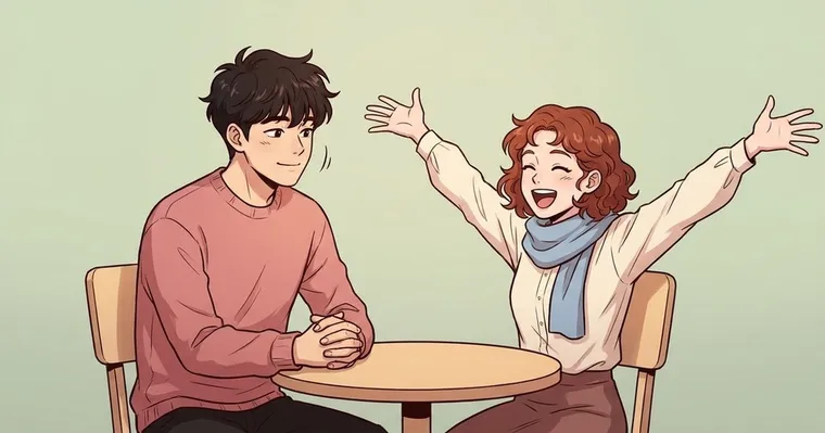 탁자에 마주 앉아 한쪽은 두 팔을 벌려 신나게 말하고 한쪽은 손을 모은 채 듣는 두 사람