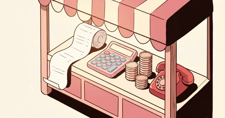 줄무늬 차양 아래 계산기와 동전 더미와 영수증과 전화기가 놓인 가판대