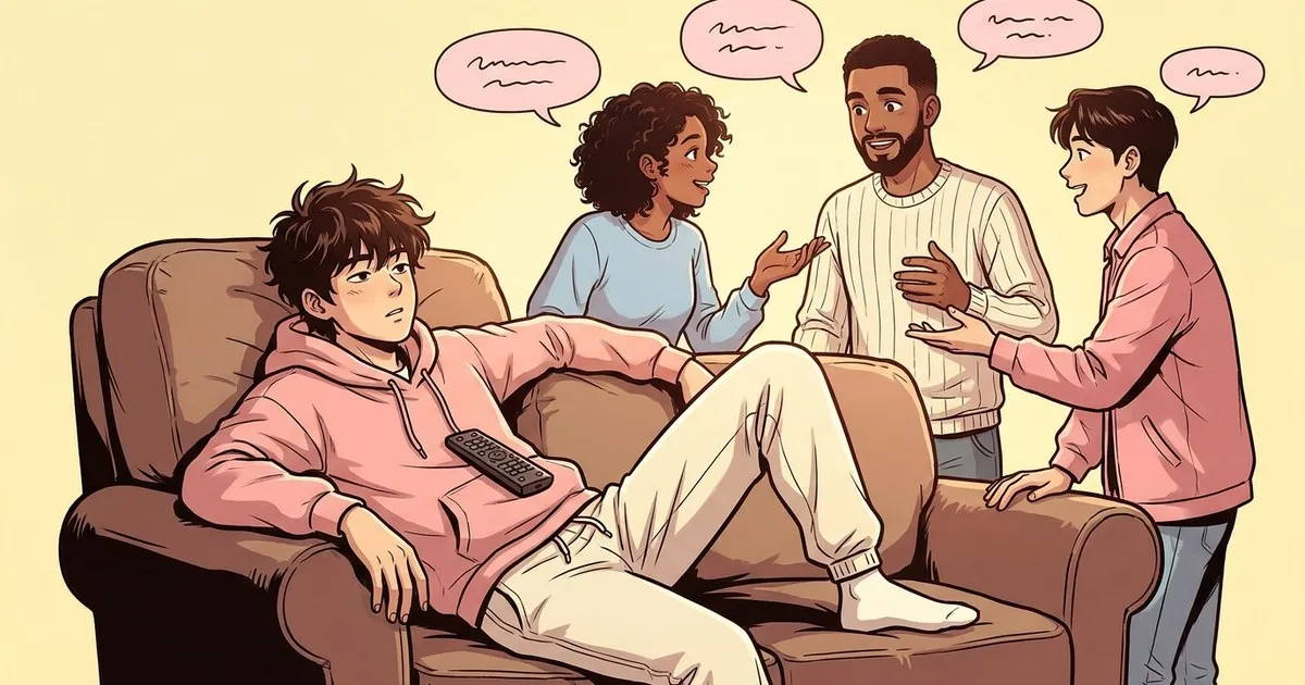 소파에 늘어진 사람 뒤에서 친구들이 말풍선을 띄우며 이야기하는 장면