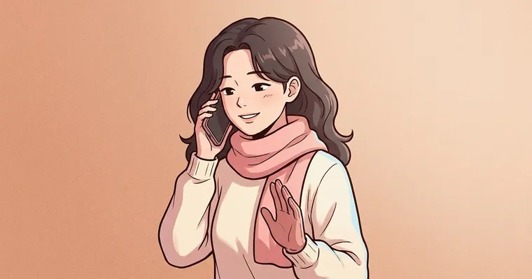 분홍 목도리를 두르고 웃으며 통화하는 사람