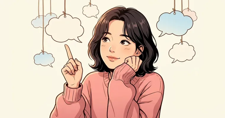 빈 말풍선들 아래에서 손가락을 들고 생각에 잠긴 사람